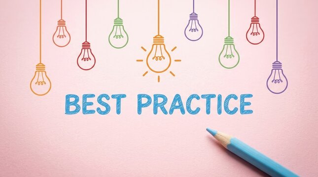 Colorful light bulbs hanging above the text best practice with a blue pencil on paper