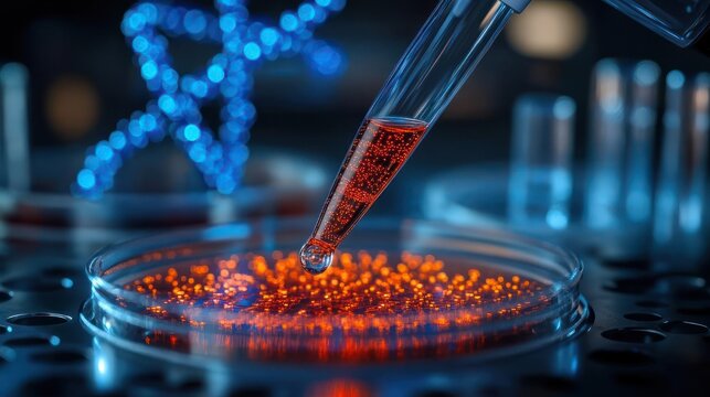 close-up of a pipette dropping red liquid into a petri dish with glowing orange colonies, test tubes and blue bokeh lights in the background, focused scientific experiment