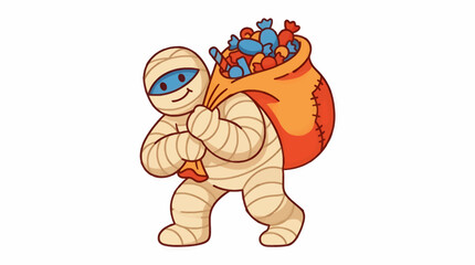 Obraz premium Cute Mummy Character Carrying Large Orange Bag Full of Halloween Candy, Flat Vector Illustration with Blue Eyes and Smiling Face, Isolated on White Background