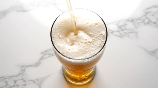 Golden beer pouring into a glass, creating foam, refreshing drink, close-up