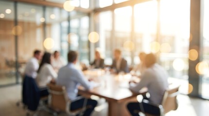 Fototapeta premium Professional business team engaged in meeting within sunlit modern office with soft blurred focus and warm golden hour light streaming through large windows background