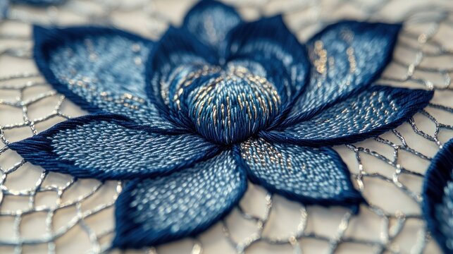 close-up of intricate blue embroidered floral blossom with metallic silver threads on delicate netting, evoking serene elegant handcrafted beauty