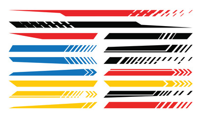 Modern racing decal stripe set for vehicle body styling and car graphic design elements in red black blue and yellow colors © The blitz