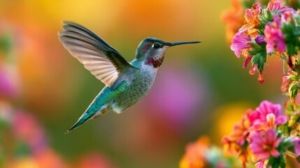 Fototapeta premium Colorful hummingbird hovering near vibrant flowers with blurred background of blooming petals and greenery in nature's garden setting