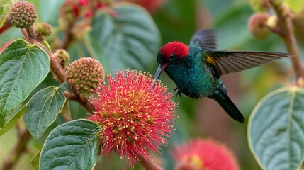 Fototapeta premium Vibrant Hummingbird Feeding on Bright Red Flower with Green Leaves in Tropical Paradise, Showcasing Nature's Beauty and Intricate Details of Wildlife