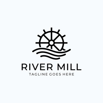 Water wheel mill logo on river waves.