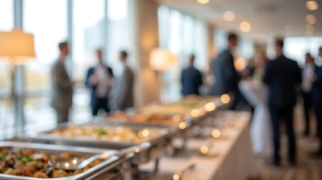 Blurred business people networking at corporate event with buffet catering service in foreground during professional conference or social gathering in brightly lit modern venue