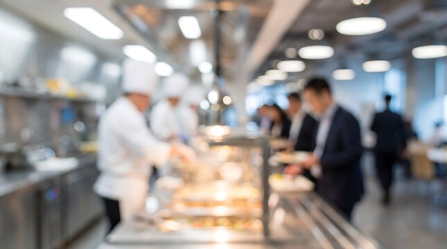 Professional chefs serving food in busy corporate cafeteria kitchen with blurred coworkers waiting in line for lunch service in modern office building environment for business catering concept
