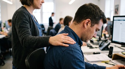 Fototapeta premium Colleague offers support and comfort to a stressed coworker in a busy office environment