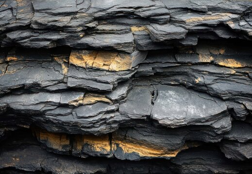 Close-up of layered dark slate rock with golden ochre streaks, fractured sedimentary strata and rugged textured surface conveying ancient, dramatic geology
