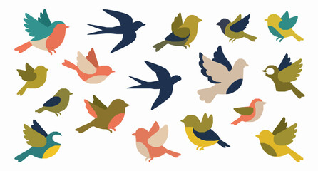 Fototapeta premium Minimal Flying Bird Vector Collection with Cute Flat Birds in Elegant Flight Positions Isolated on White Background