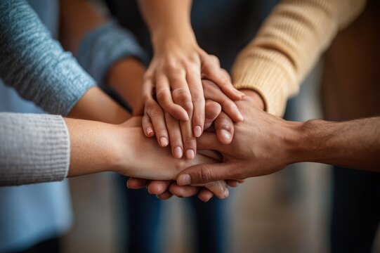 stacked hands of a diverse group showing teamwork, support, unity and warm inclusive cooperation
