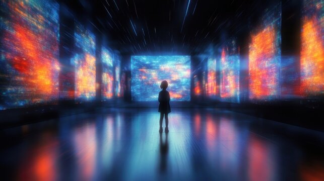Silhouetted child on a reflective floor inside a dark futuristic room filled with glowing blue and orange digital panels and streaking lights, evoking awe and wonder