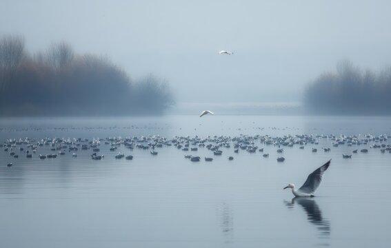 misty lake at dawn with a solitary white waterbird gliding over calm reflective water, distant flock on the surface and fog-shrouded reeds evoking peaceful solitude