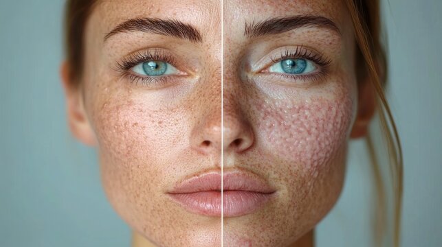 close-up portrait of a young woman with blue eyes showing half clear freckled skin and half textured acne-scarred skin, neutral expression