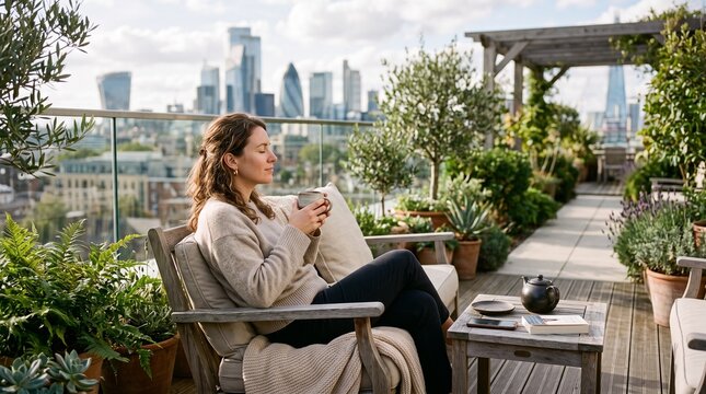 Woman enjoys peaceful moment with coffee on urban rooftop garden overlooking city skyline