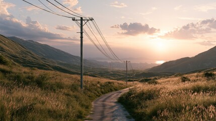 Obraz premium Serene Landscape with Power Lines at Sunset Over Rolling Hills and Calm Waters, Capturing Nature's Beauty and Tranquility in Golden Hour Light
