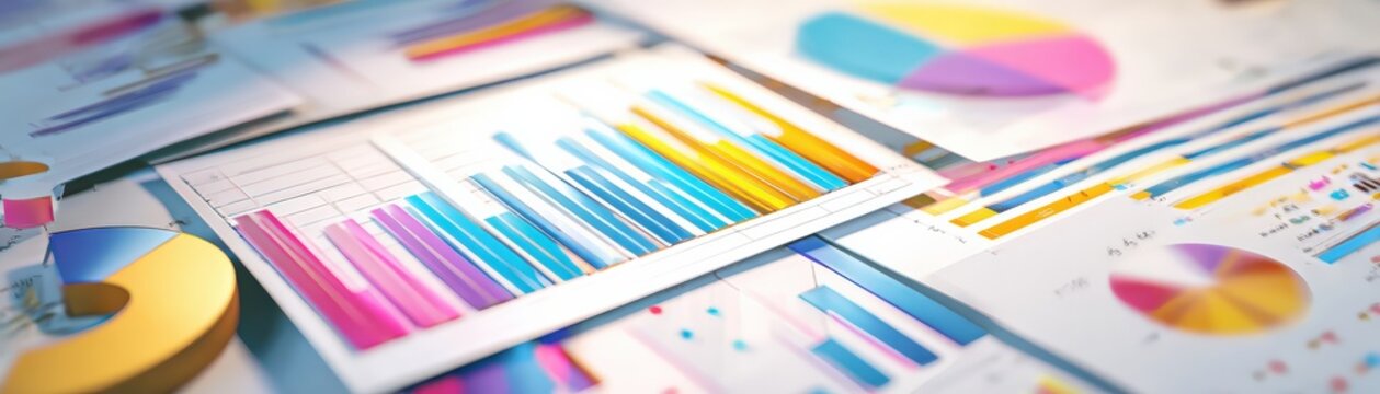 Colorful business charts and graphs spread across a table, representing data analysis and financial reporting.