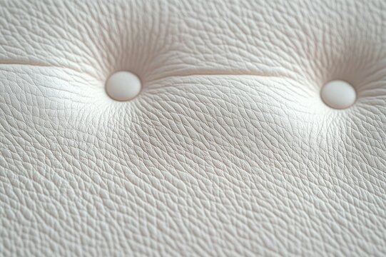 close-up of white tufted leather upholstery with two round buttons and textured grain, evoking a soft calm elegance