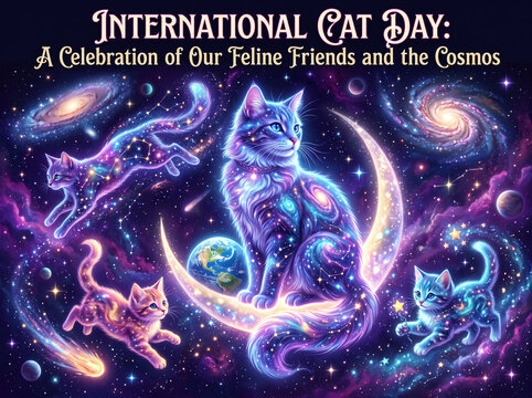 International cat day celebration with cosmic feline art featuring galaxies, stars, and nebulae in a magical celestial space setting