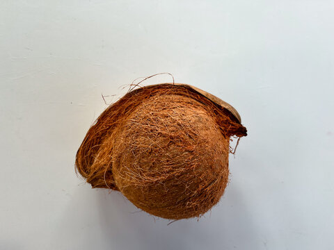 Whole coconut with fibrous husk texture on white background