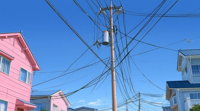 Urban Landscape with Power Lines Against a Clear Blue Sky Showcasing Colorful Houses and Complex Network of Electric Cables in a Bright Daylight Scene