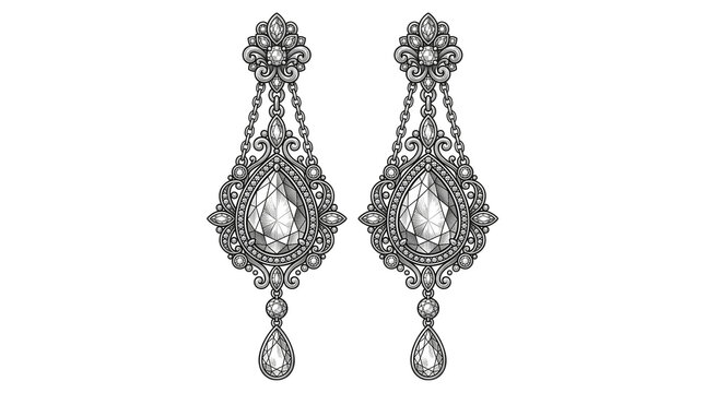 Vintage silver chandelier earrings with crystal teardrops, ornate filigree bridal jewelry, elegant antique style diamond drop earrings isolated PNG with Transparent Background