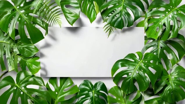 Empty paper card framed by lush tropical monstera leaves on white background