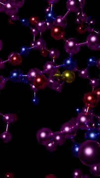A glossy metallic macromolecule structure spins steadily over a dark scientific background. This seamless 3d animation displays complex chemical bonds revolving in an endless loop.