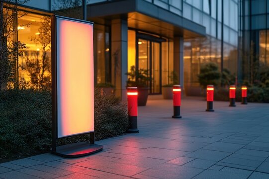 illuminated blank outdoor advertising lightbox and glowing red bollards lining a modern glass office entrance at dusk with a warm inviting atmosphere