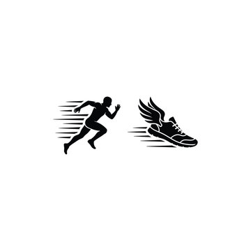 A person runs quickly alongside a winged sneaker on a track.