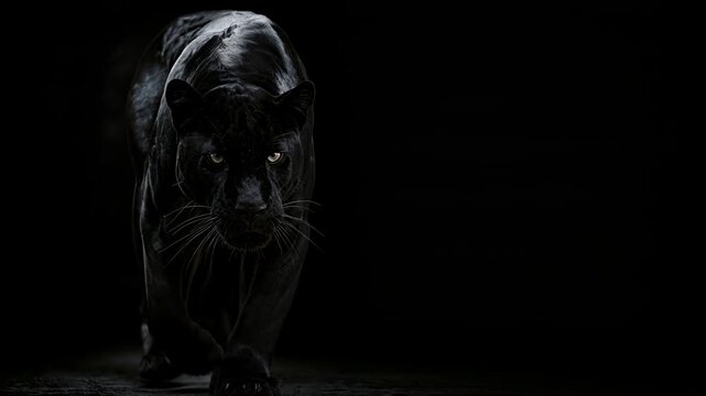black panther walking in dark environment with intense gaze and dramatic lighting