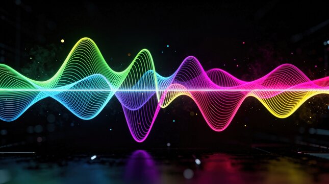 Colorful neon sound waves with smooth curves and digital particles on a dark background, representing audio or frequency visualization.