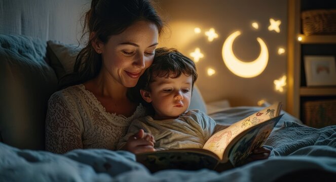 parent and child cuddled in bed reading a storybook under warm moon and star projections, cozy nighttime bonding and gentle bedtime calm