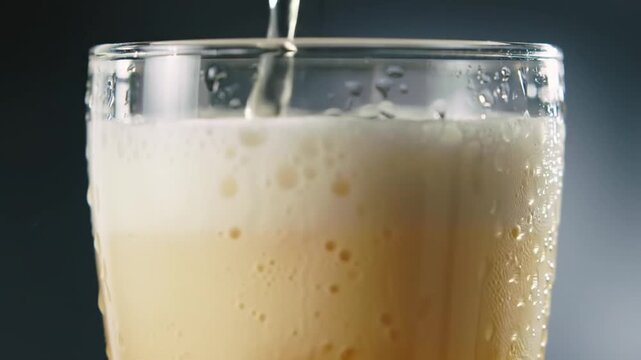 Refreshing liquid pouring into a condensation-covered glass, close-up shot