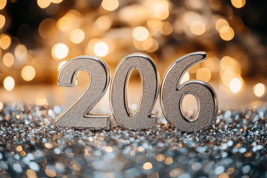 silver metallic numbers 206 on glittering surface with warm golden bokeh lights conveying festive celebratory sparkle