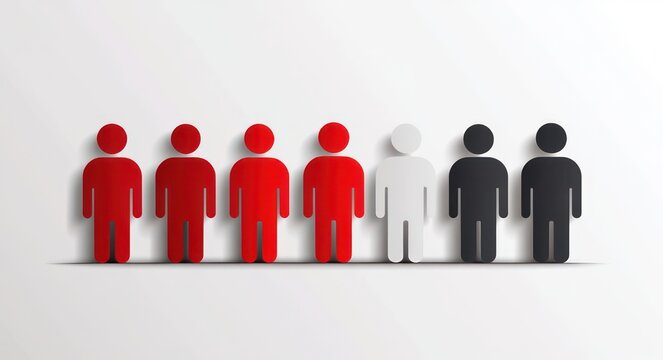 Row of seven stylized human figures in red, white, and black casting shadows on a pale background conveying contrast, selection and social division