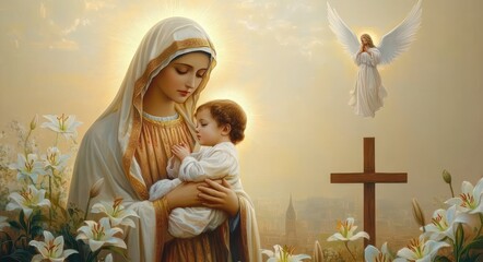 Obraz premium Serene veiled mother holding infant in gentle embrace among white lilies, haloed in golden light with wooden cross and ascending angel, peaceful reverence