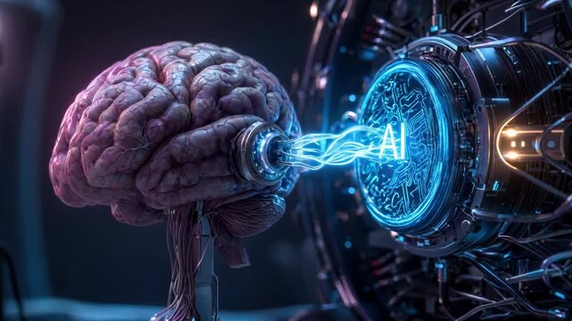 human brain connected to AI technology in futuristic digital environment