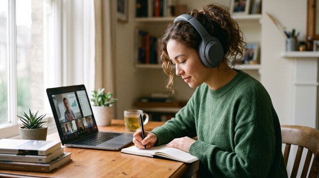Young woman wearing headphones attending online class or meeting on laptop and taking notes