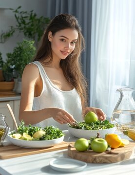 calm woman preparing fresh green salad with apples and lemons in a sunlit kitchen surrounded by potted plants, wooden cutting board, glass pitcher and jars