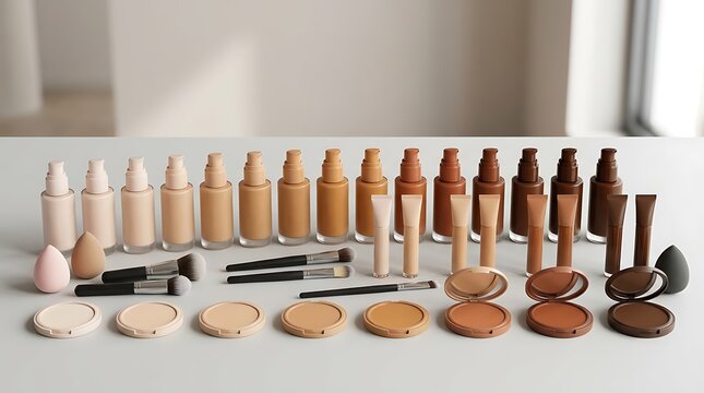 Set of liquid foundation bottles and powder compacts with makeup brushes for different skin tones. beginner makeup guide