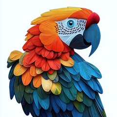 Obraz premium Vibrant multicolored parrot portrait with paper-like layered textured feathers, bright blue eye and curved beak, looking proud and curious against a clean white background