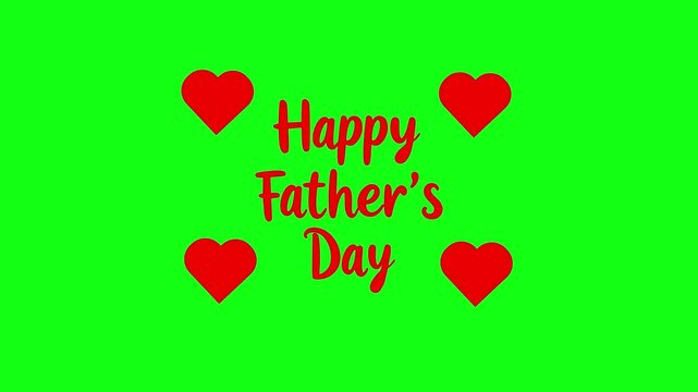 Happy Fathers Day with red text and hearts on green background red hearts greeting