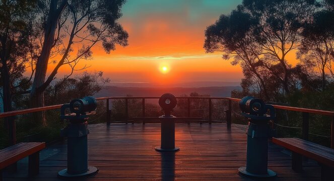 Three coin-operated viewing scopes on a wooden observation deck framed by trees at a vibrant orange and teal sunset, serene and contemplative