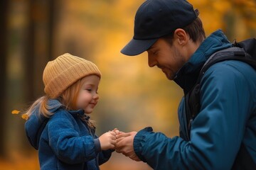 Fototapeta premium Man and young child holding hands in a tender moment in an autumn forest, both in warm jackets and knit hat with soft golden bokeh background
