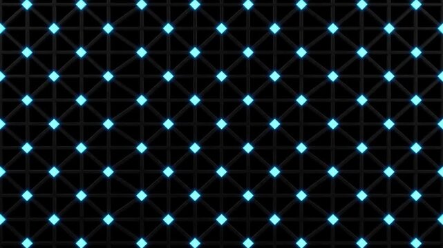 表面符号量子エラー訂正を表現した、暗黒空間で赤い異常ノードをシアンの光で修復する2D格子の俯瞰映像