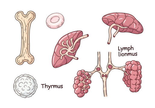 Human immune system organ vector illustration set featuring bone marrow, thymus gland, spleen, and lymph node anatomy diagrams for medical education and science study.
