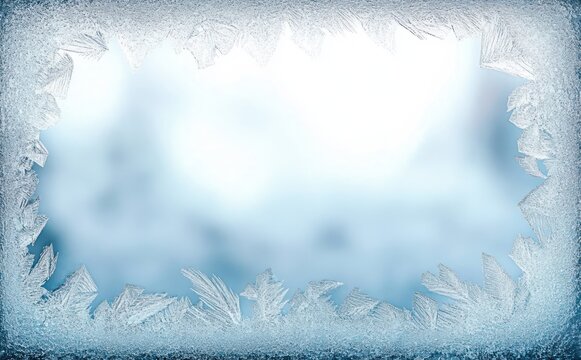 frosted window frame with intricate ice crystals and a blurred cool blue background conveying serene winter chill