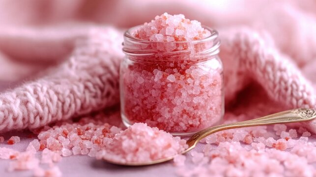 glass jar of pink bath salts with a spoon on a soft knitted pink blanket, soothing cozy spa relaxation scene